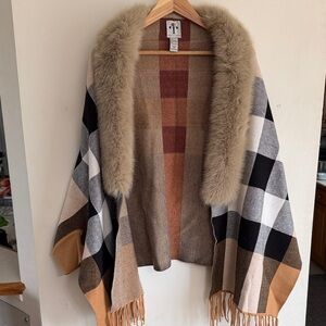 Rain + Rose Plaid Fringe Poncho with Faux Fur Collar - Neutral Tones